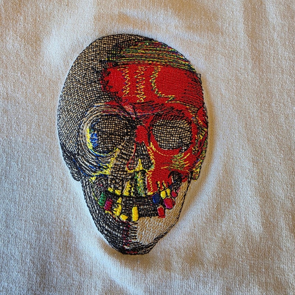 Mens tan M Crewneck Sweatshirt Skull Embroidered Pullover‎ grunge Goth halloween